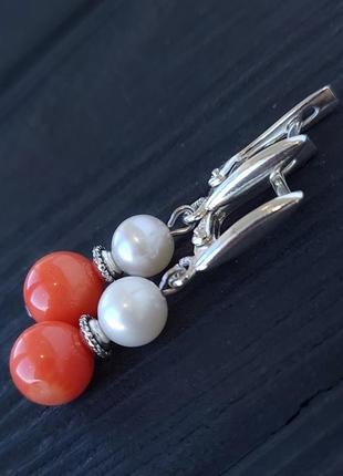 Серьги из натурального персикового коралла и жемчуга