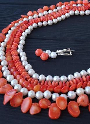 Сережки з натуральними персиковими коралами та перлами3 фото