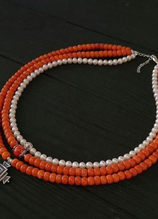 Ексклюзивне намисто з натурального коралу та перлів у сріблі