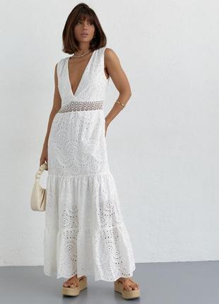 Жіноча якісна літня біла довга сукня з прошви літній білий сарафан