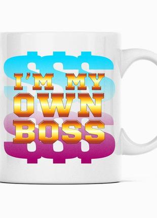 Білий кухоль (чашка) з оригінальним принтом директору, керівнику "i'm own boss. я сам собі бос"1 фото