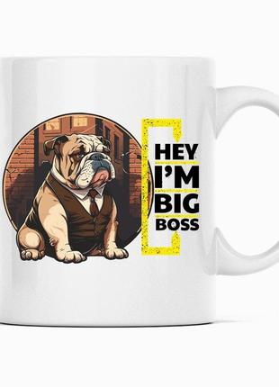 Білий кухоль (чашка) з оригінальним принтом директору "hey i'm big boss dog. привіт я великий бос"1 фото