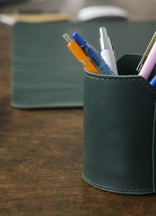 Кожаный стакан для ручек и карандашей, кожа grand, цвет зеленый2 фото
