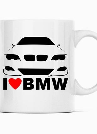 Біла чашка (кухоль) з оригінальним принтом автомобілісту "i love bmw. я люблю бмв"1 фото