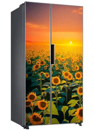 Виниловая, декоративная наклейка самоклеющаяся на двери холодильника "поле подсолнечников и солнце"2 фото