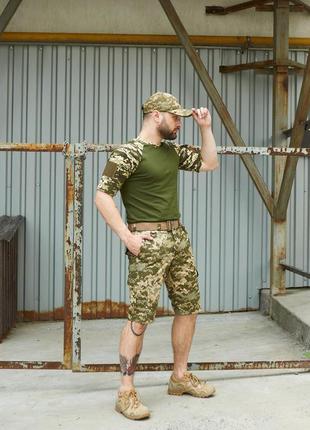 Тактичний літній комплект шорти карго мультикам + футболка з липучками для шевронів хакі/мультикам, ремінь та кепка в подарунок ❗️4 фото