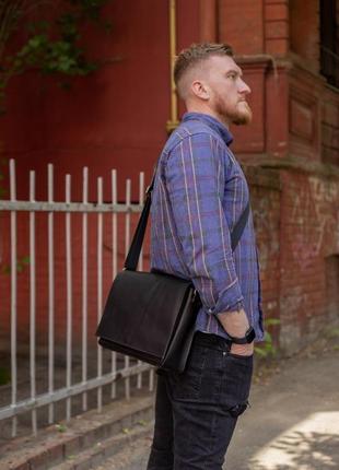 Кожаная мужская сумка "брендон", натуральная кожа итальянский краст, цвет черный1 фото