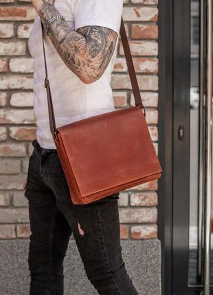 Кожаная мужская сумка "брендон", натуральная винтажная кожа, цвет коньяк