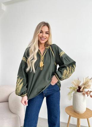 Женская качественная зеленая вышиванка вышитая рубашка блуза блузка с колотками