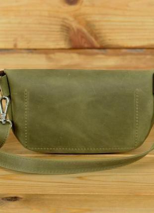Женская кожаная сумка-бананка дженифер, натуральная винтажная кожа, цвет оливка4 фото