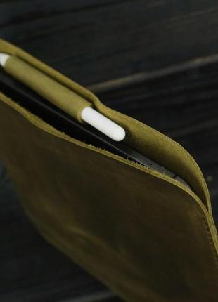 Кожаный чехол для ipad с держателем для apple pencil, натуральная винтажная кожа, цвет оливка3 фото
