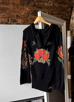 Ed hardy women's vintage y2k black v-neck hoodie tunic женская, винтажная толстовка, туника3 фото