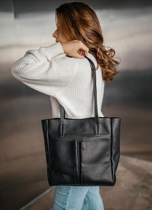 Сумка тоут кожаная большая женская юта чёрная 28*30*12 см, сумка шопер чёрная стильная с карманами6 фото