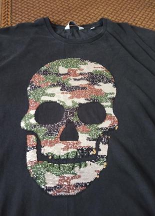 ‼️батал‼️брендовая футболка черная с пайетками "череп" 🖤 62/64/7xl размер, пог 71 см, коттон4 фото