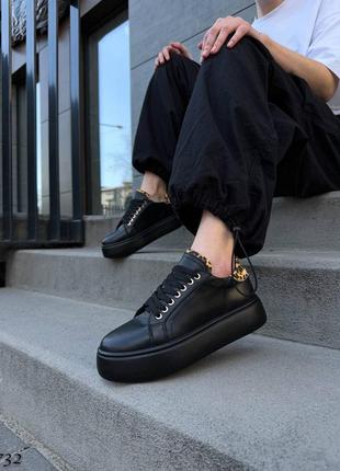 Натуральные кожаные черные кеды - кроссовки на высокой подошве5 фото