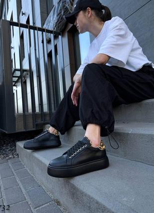 Натуральные кожаные черные кеды - кроссовки на высокой подошве3 фото