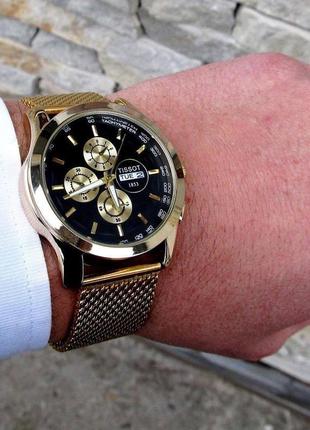 Золотые мужские кварцевые наручные часы tissot на нейлоновом ремешке / тиссот4 фото