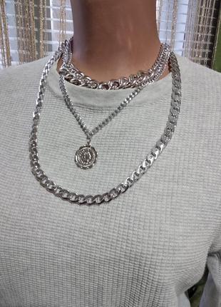 Ожерелье колье чокер многослойная цепочка цепь колье серебристое с подвеской монета3 фото
