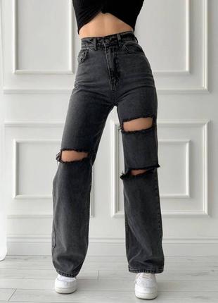 Жіночі джинси труби на високій посадці, з розрізами  класичні, прямі, розширені, палаццо, сині, блакитні, сірі, білі, штани, джинс, чорні2 фото