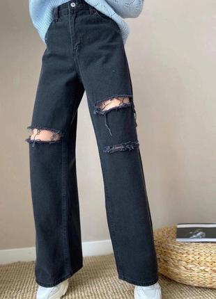 Жіночі джинси труби на високій посадці, з розрізами  класичні, прямі, розширені, палаццо, сині, блакитні, сірі, білі, штани, джинс, чорні10 фото