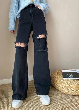 Женские джинсы трубы на высокой посадке, с разрезами классические, прямые, расширенные, палаццо, синие, голубые, серые, белые, брюки, джинс, черные1 фото
