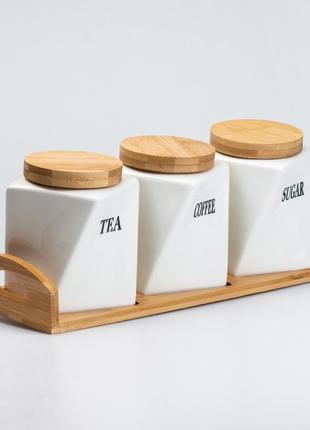 Набір банок цукор/чай/кава керамічних по 500 мл на підставці3 фото