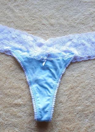 Новые нежно небесные голубые белые хлопковые кружевные в-образные трусики стринги танга с-м/8-10/36-38/44-46 secret кружево хлопок хб