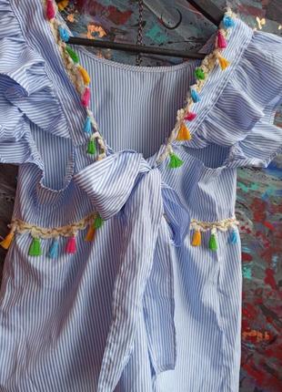 ❗ ▪️ sale ▪️❗легка блуза блакитна біла в принт оздоблена бахромою бахрома літо весна кофта футболка база6 фото
