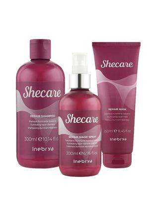 Набір inebrya shecare repair відновлювальний для пошкодженого волосся (шампунь +спрей + маска) 300+200+250 мл1 фото