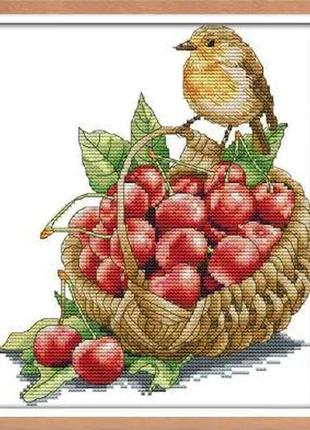 Набор для вышивания по нанесённой на канву схеме "bird and cherries". aida 14ct printed 22*27 см