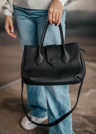 Сумка женская кожаная большая луизианна черная 28*20*10 см, базовая черная сумка, стильная с карманами