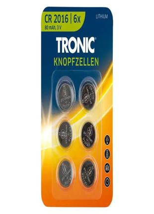 Кнопкові батарейки tronic cr 2016 6 шт. 80 ма·год