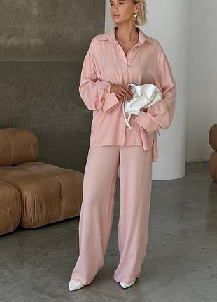 Костюм лен хлопок рубашка брюки широкие пудра желтый горчица беж