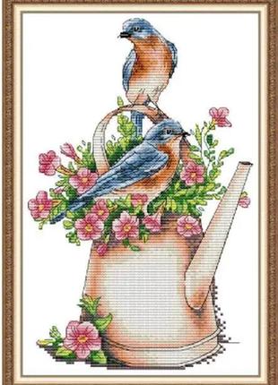 Набор для вышивания по нанесённой на канву схеме "flower pot and bird". aida 14ct printed, 21*32 см