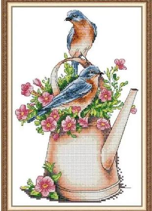 Набор для вышивания по нанесённой на канву схеме  "flower pot and bird".  aida 14ct printed, 21*32 см