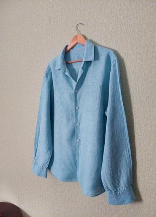 Льняная рубашка свободного кроя цвета тиффани2 фото