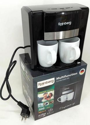 Кофеварка капельная rainberg rb-613 (0,3 л, 500 вт) с двумя керамическими чашками, маленькая кофемашина7 фото