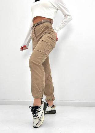 Женские вельветовые штаны-брюки карго с карманами и завязками +большие размеры до 52р. new! тренд 20249 фото