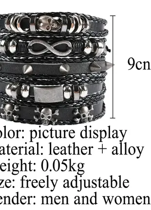 Набор из 5 кожаных браслетов в стиле рок хэви-метал для мужчин женщин3 фото