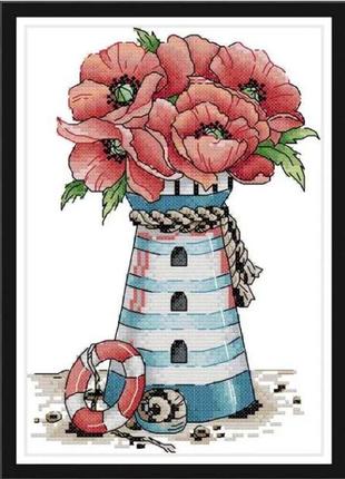 Набор для вышивания по нанесённой на канву схеме "flowers lighthouse". aida 14ct printed, 19*28 см