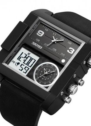 Многофункциональные цифровые наручные часы skmei 2020 black-black-white черные большие прямоугольные4 фото