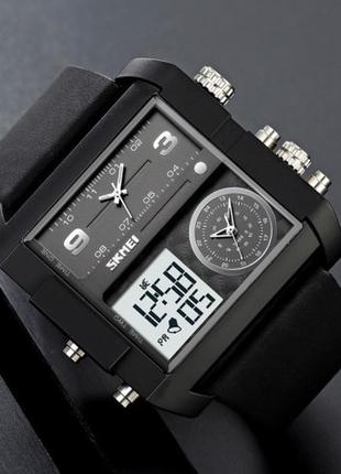 Многофункциональные цифровые наручные часы skmei 2020 black-black-white черные большие прямоугольные2 фото