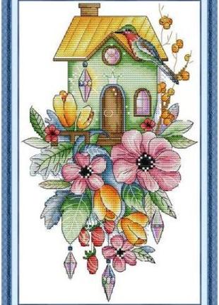 Набор для вышивания по нанесённой на канву схеме"tulip bird house". aida 14ct printed 20*33 см