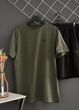 Літні чоловічі шорти в стилі nike чорний  лого + футболка хакі, висока якість