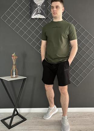 Летние мужские шорты i'm69ainian черный лого + футболка хаки, высокое качество6 фото