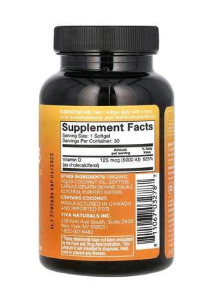 Viva naturals high-potency vitamin d3, with organic liquid coconut oil, 5,000 iu, 30 softgels2 фото