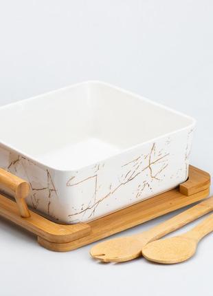 Блюдо для сервировки стола керамическое прямоугольное с деревянными приборами и подставкой2 фото
