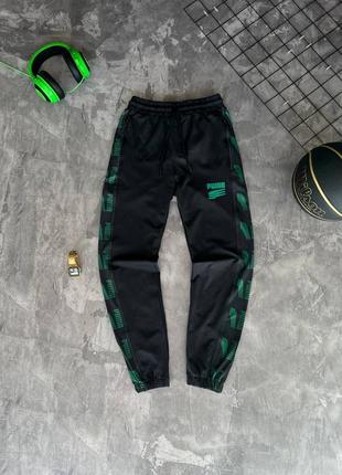 Мужские спортивные штаны puma на весну в черно-зеленом цвете premium качества, стильные и удобные брюки на каждый день