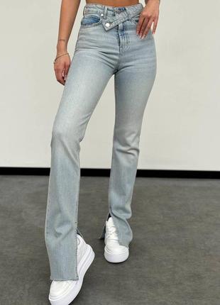 Жіночі прямі джинси на високій посадці, класичні, клеш, розширені, скіні, труби, сірі, блакитні, штани, джинс8 фото