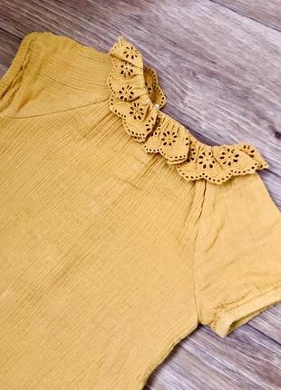 Блуза горчичная р. 86-92 на 2, 3, 4 г. с кружевом, муслин, хлопок7 фото